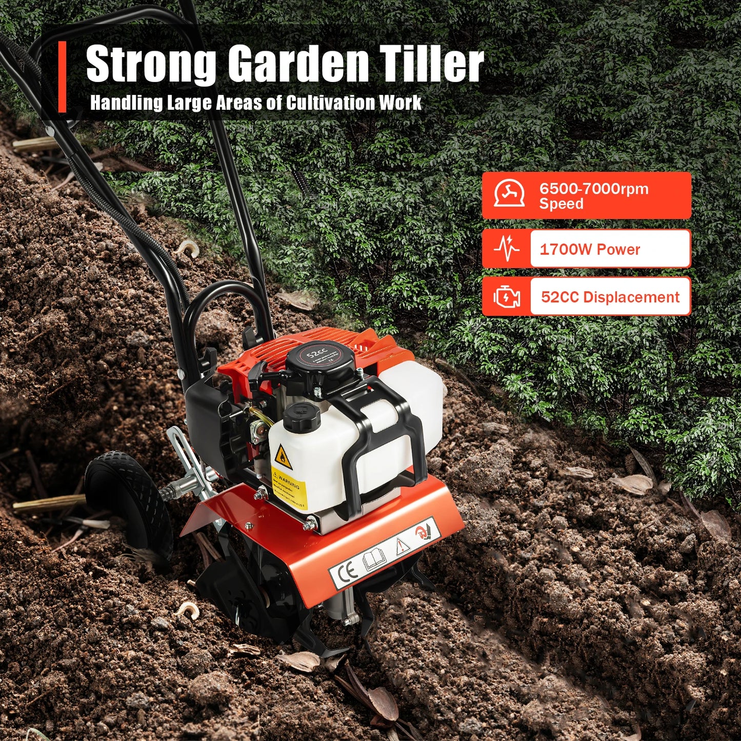 52CC 1.9KW 2-Stroke Gasoline Tiller 4 Manganese Steel Blades 11.8in Width Stock for Yard Garden