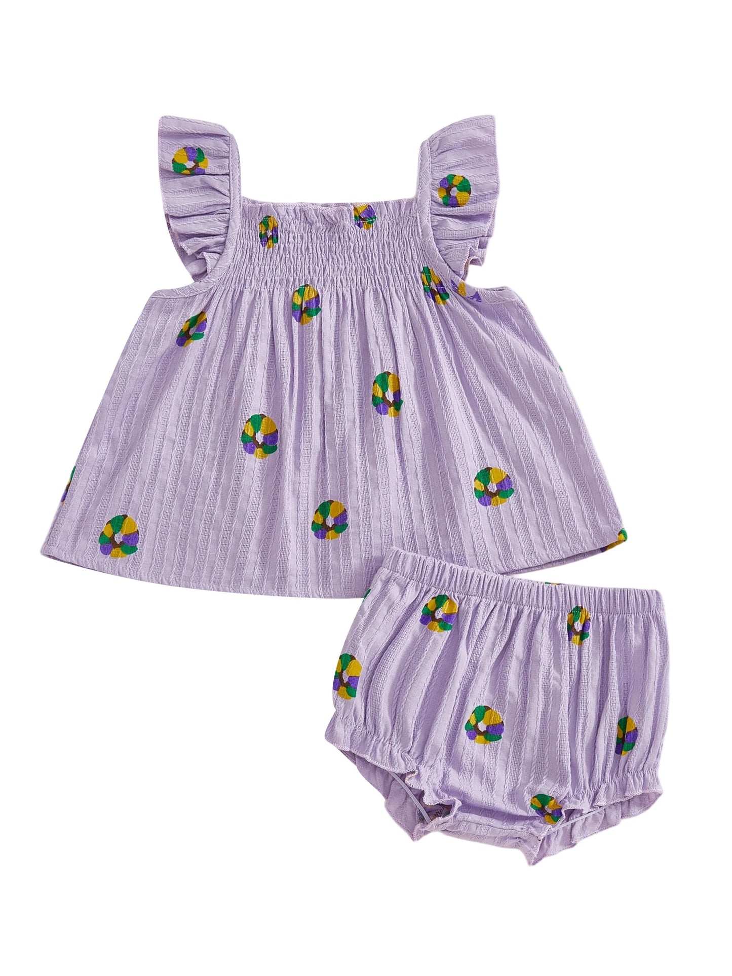 Adorable Baby Girls Outfit Stylish Mardi Gras Facewear Design Top with Matching Ruffle Shorts - 2 Piece Set for Fashionable