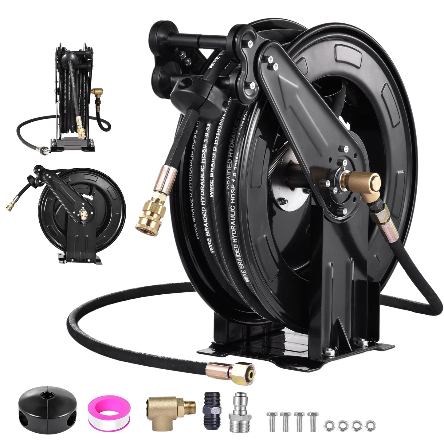 Heavy Duty 4000 PSI Pressure Washer Hose Reel, 0.59in X 50 FT Auto Rewind Retractable Power Washer Hose Reel, Double Arm Steel Construction Wall Ceiling Floor Mount for Cleaning Yard Garden Patio Car