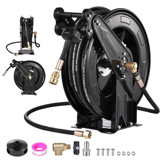 Heavy Duty 4000 PSI Pressure Washer Hose Reel, 0.59in X 50 FT Auto Rewind Retractable Power Washer Hose Reel, Double Arm Steel Construction Wall Ceiling Floor Mount for Cleaning Yard Garden Patio Car