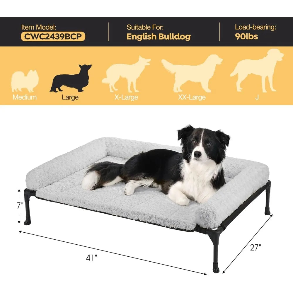veehoo cooling elevated dog bed add removable deluxe rose plush bolster cushion mat, 41" x 27" washable dog couch bed, raised pe