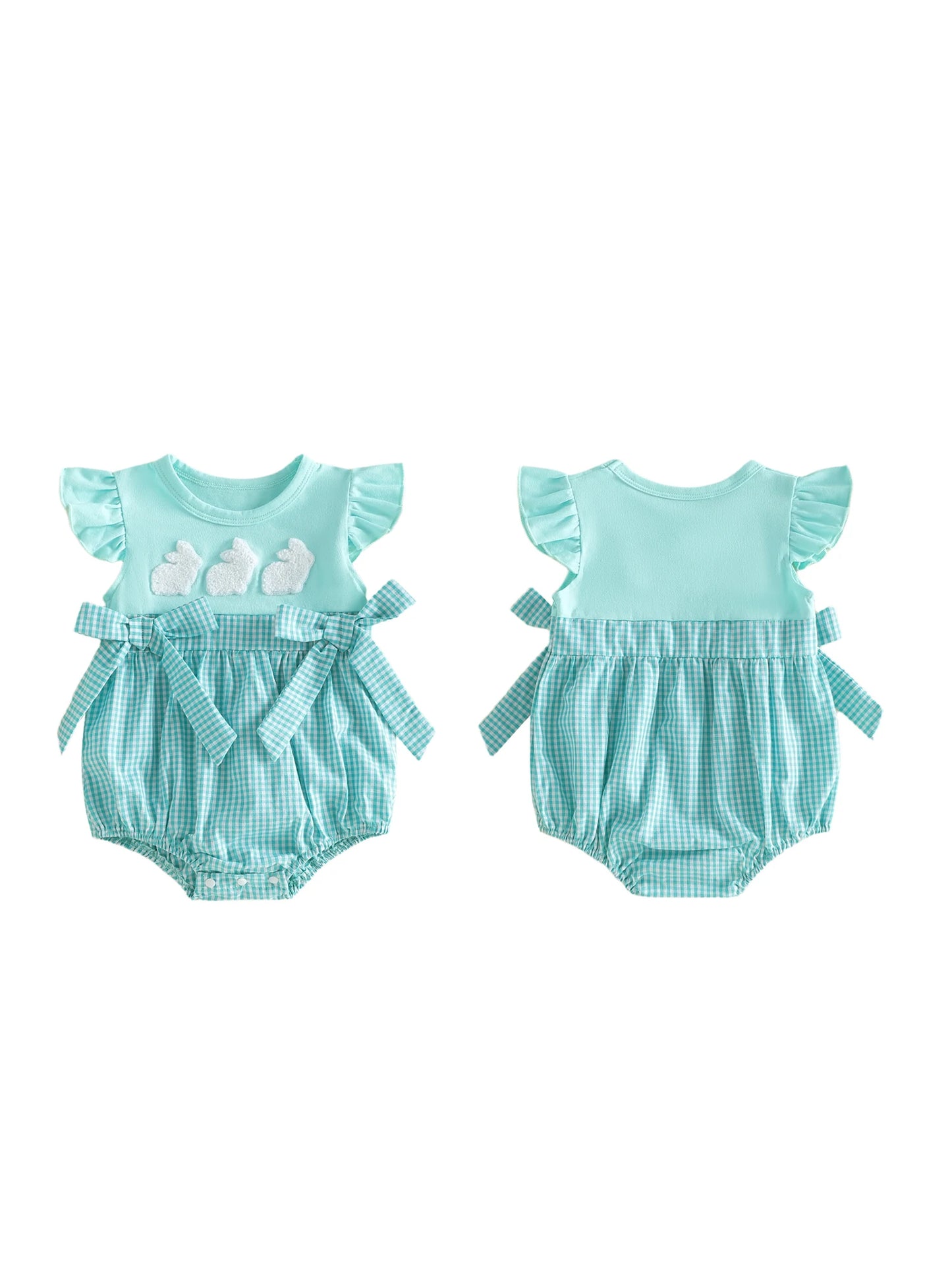 Toddler Girl Floral Ruffle Sleeve Romper with Bunny Embroidery and Bow Detail Adorable Easter Outfit for Spring and Summer