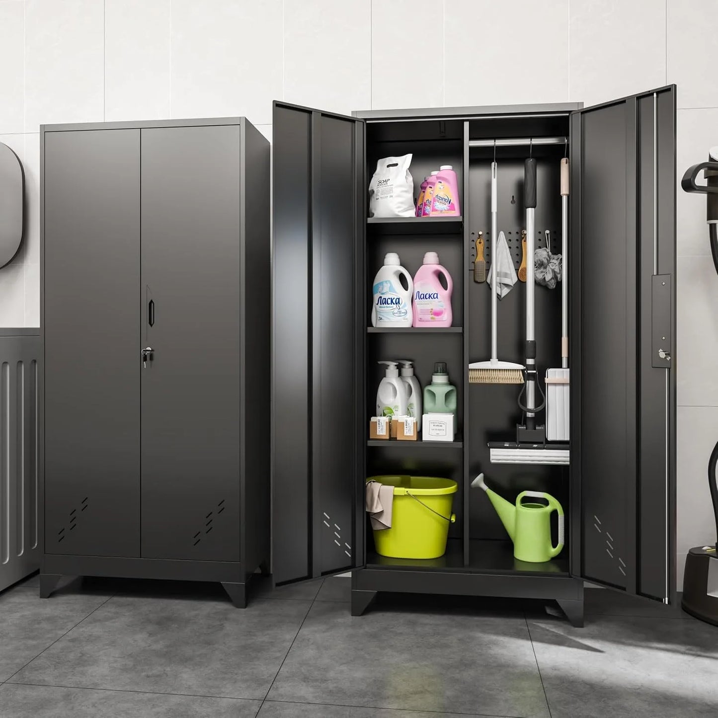 Black Metal Storage Cabinet with Lock, Pegboard & Hanging Rod for Garage Broom Closet, Custom