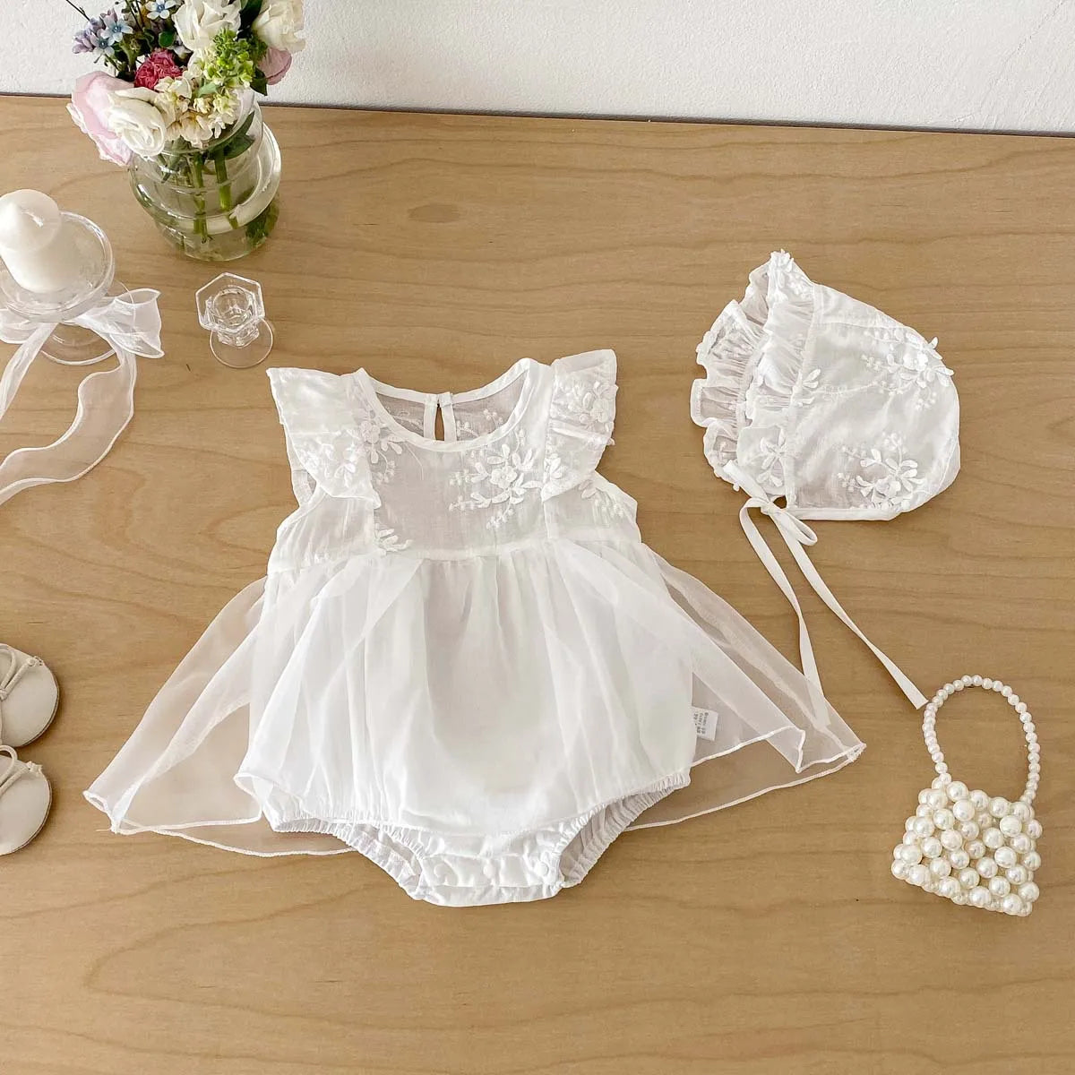 2026 0-2Y Baby Girl Clothes White Three-dimensional Floral Pattern Bodysuit for Toddler with Baby Cap 2PCS